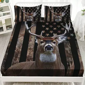 3-Piece Vintage Forest Deer Bedroom Bedding Set, Includes Fitted Sheet & 2 Pillowcases, Breathable Polyester Fiber, All Seasons