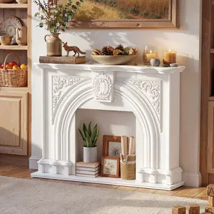 White Freestanding Fireplace Mantel - Baroque Style Fireplace Surround with Legs for Electric Fireplaces