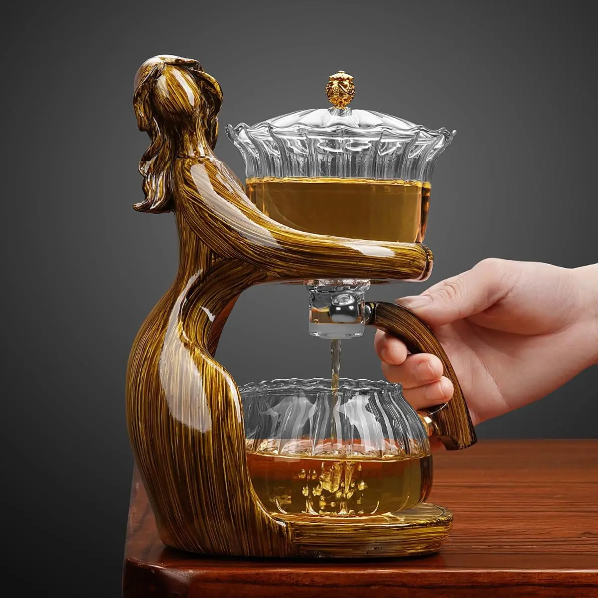 Lazy Kung Fu Tea Set with Magnetic Drip Teapot, Heat-Resistant Glass Tea Brewer, Wooden Base and Stainless Steel Filter CUNHUY