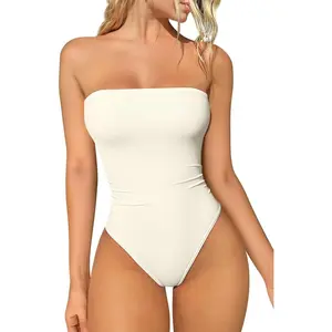 Womens Tube Bodysuits Strapless Basic Sleeveless Ruched Stretch Classic-Fit Tops Sexy Bodysuits
