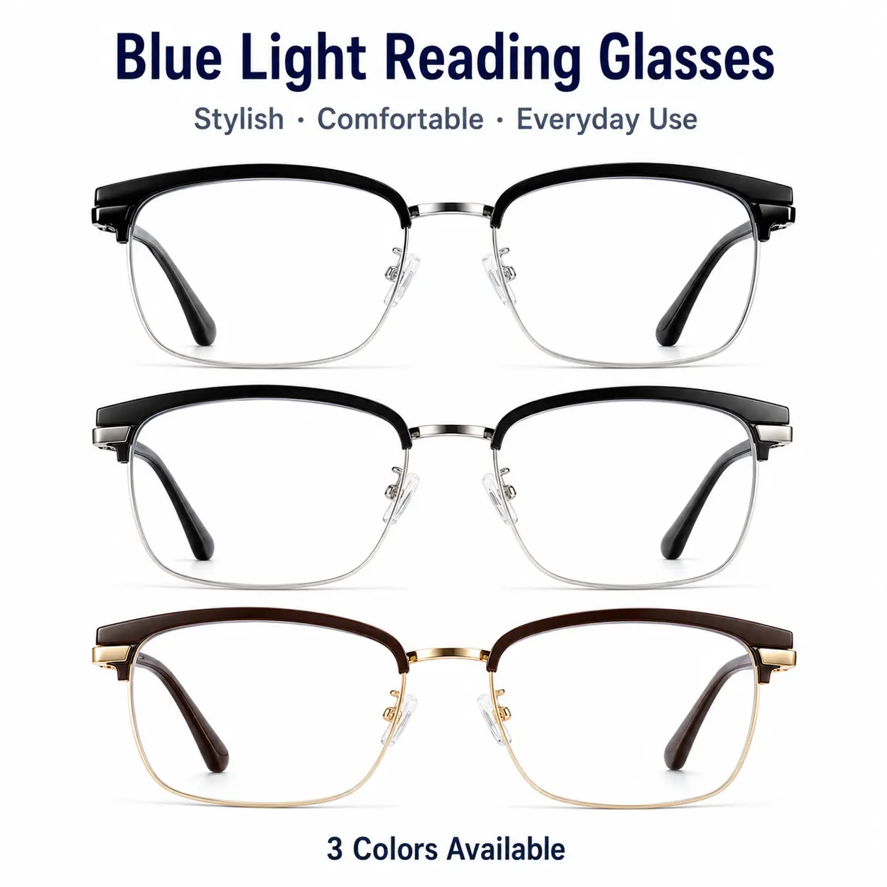 Adjustable Non-Prescription Reading Eyeglasses - Lightweight Blue Light Filtering, Classic Square Browline Metal Edge Frames, Smooth Nose Pads, +1.00 to +4.00 Strengths, for Men & Women, Phone/Computer & Daily Use