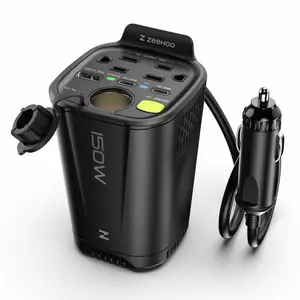 ZEEHOO 150W Car Power Inverter 12V DC to 110V AC with 2 AC Outlets 18W USB-A Dual 30W PD Fast Charge Cup Holder Power Inverter for Laptops Phones iPhone 16 15 14 Fathersdaygift