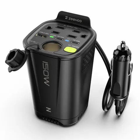 ZEEHOO 12V DC to 110V AC Car Power Inverter - 150W Output, Cup Holder Design, 2 AC Outlets, 2 30W PD USB-C, 1 USB-A, Silent Fanless Charger, Compact and Stylish, for Laptop/Phone/CPAP, Road Trip Essential, Fathersdaygift, Car Accessory