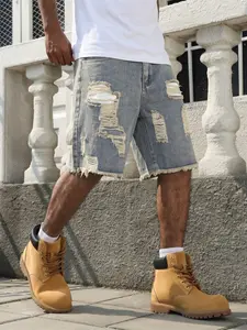 Men's Light Blue Washed Multi-Layer Ripped Edge Denim Jeans, Summer Loose Fit Baggy Wide Leg Five-Quarter Pants, Vintage Y2K Streetwear Style