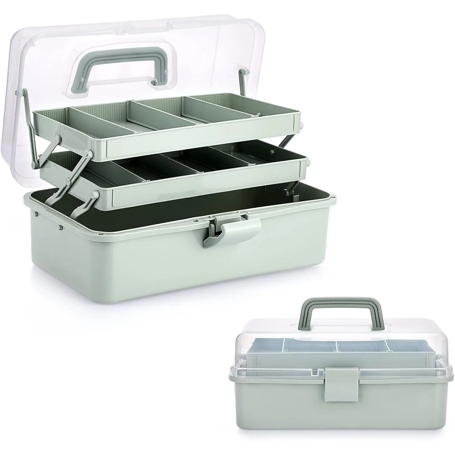 3-layer plastic divider storage box, craft organizer and storage with adjustable dividers, portable handle, art supplies storage box, multifunctional household utility box for medicine and sewing (Haze Green)