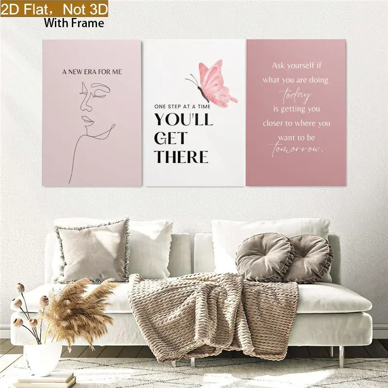2D canvas painting, 2D canvas painting, set of three pink inspirational quote canvas paintings, with wooden frame, very suitable for office wall art and home decoration in the living room and bedroom