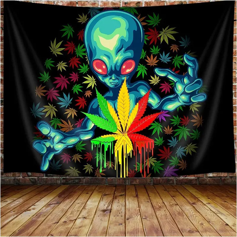 Cool Weed Tapestry for Men, Trippy Alien Stuff Marijuana Leaf Tapestry Wall Hanging for Bedroom, Psychedelic Tie Dye Stoner Tapestries Poster Beach Blanket College Dorm Home Decor (40X30)