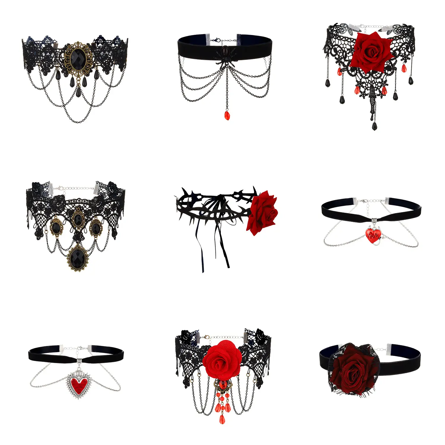 Dark wind lolita lace rose flower choker personality niche design halloween fringed necklace