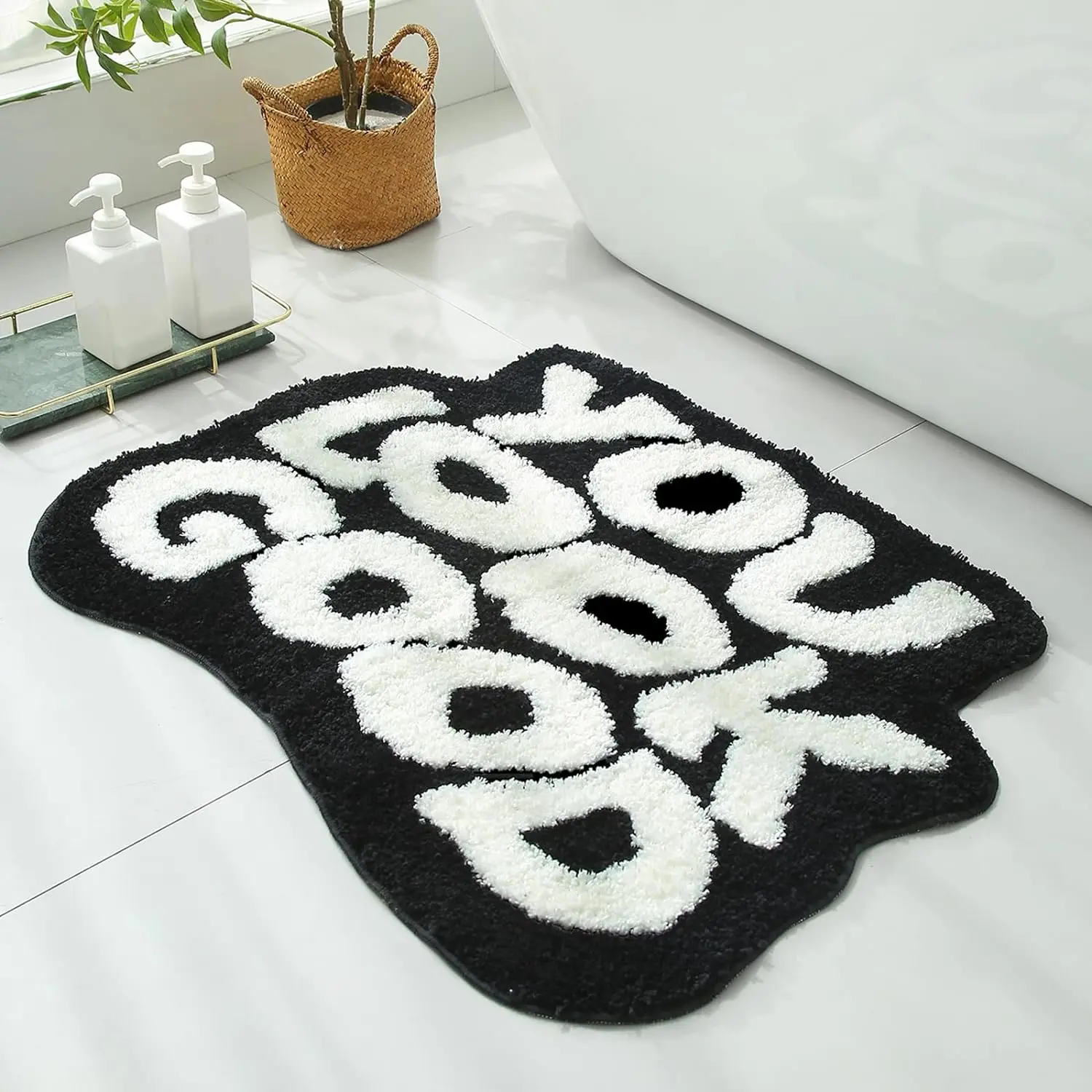 25”x21” Rectangular Microfiber Bath Mat - Absorbent, Non-Slip Imitation Cashmere Aesthetic Area Rug, 1-Piece, All Seasons Elderly-Friendly Home Decor, Black and White Letter Laundry Mat, Machine Washable