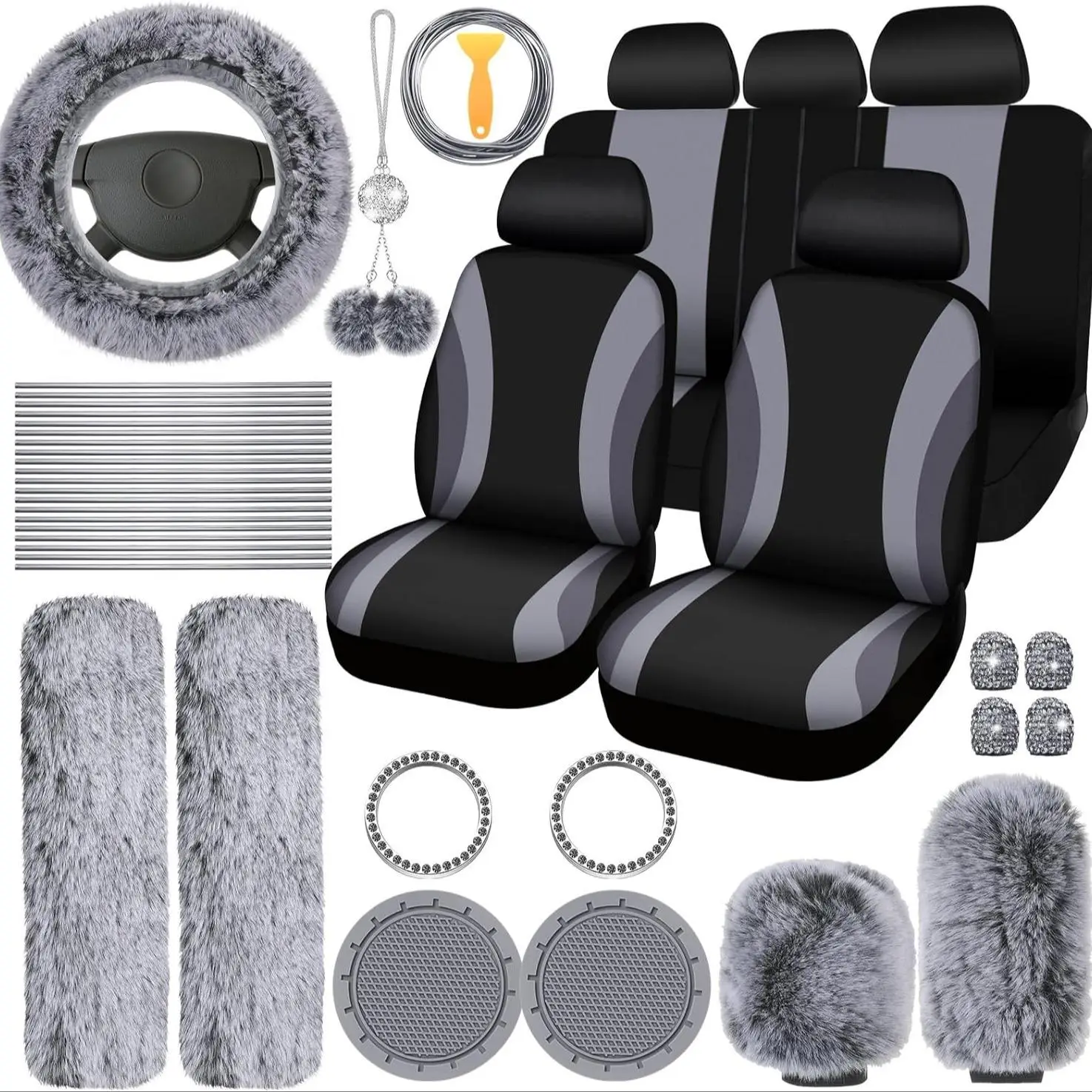 Global Pick Car Interior Decoration Set, Car Seat Cover & Steering Wheel Cover & Gear Cover & Cup Coaster & Seat Belt Shoulder Protector Set, Universa