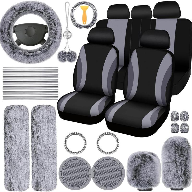 Car Interior Decorative Accessories, Car Seat Decorative Accessories, Universal Plush Steering Wheel Protective Cover Kit, Fashionable Car Interior Seat Set for Women & Men, Cute Car Accessories