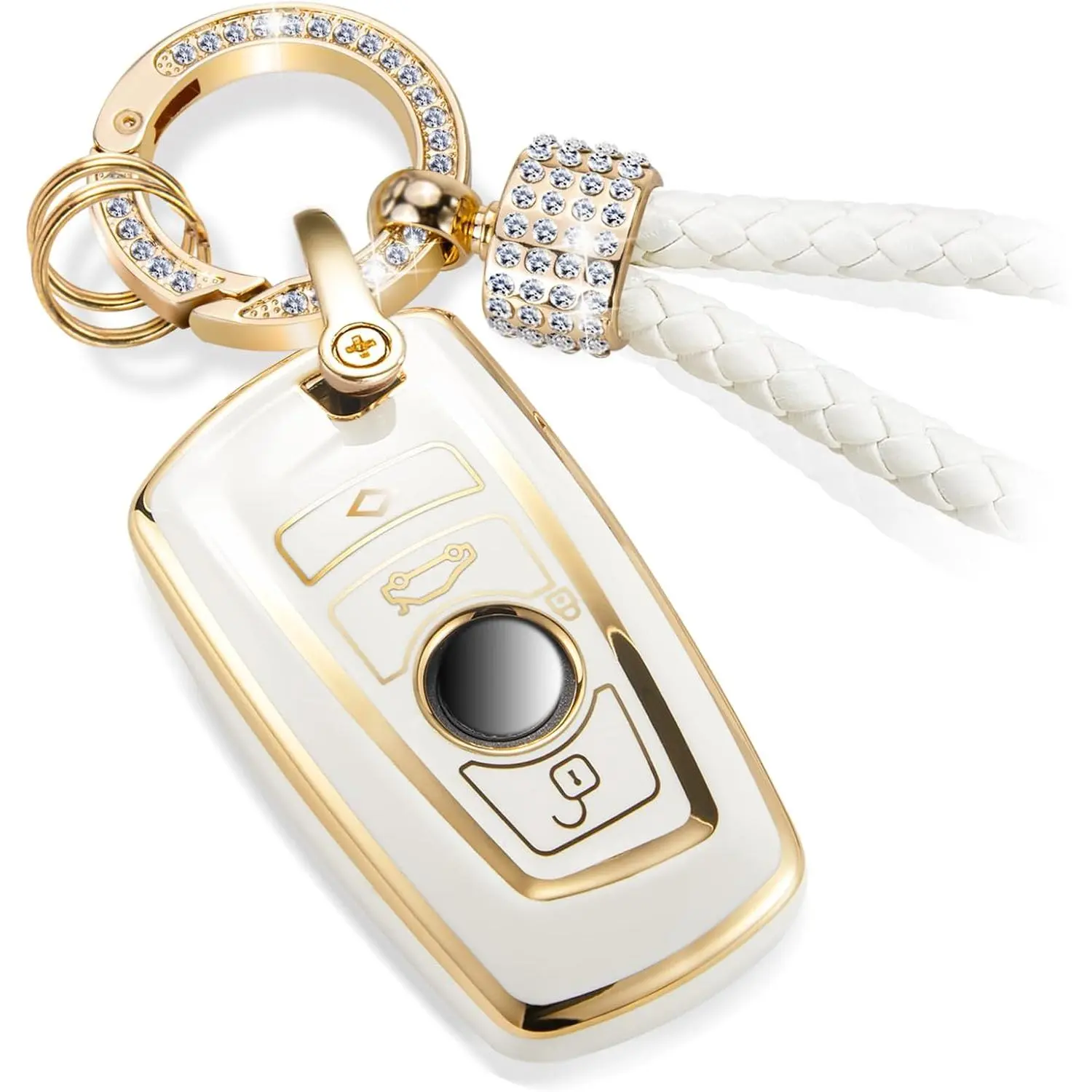 For BMW Key Fob Cover with Luxury Diamond Bling Braided Rope Keychain, Upgraded Soft Key Case for Classic BMW Smart Remote Keyless Key Fob Shell