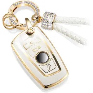 For BMW Key Fob Cover with Luxury Diamond Bling Braided Rope Keychain, Upgraded Soft Key Case for Classic BMW Smart Remote Keyless Key Fob Shell