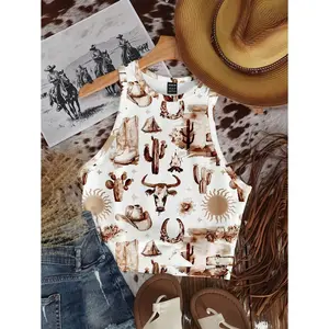 EZwear Casual Minimalist Vacation, Music Festival Style Colorful Graffiti Print Round Neck Tight-Fitting Women Tank Top, Suitable For Summer Suitable For Going Out Chic