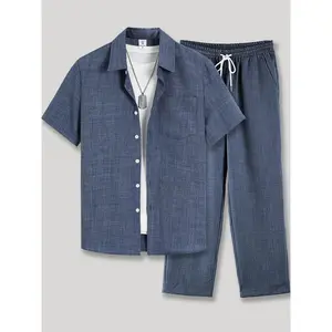 Men's Solid Button Shirt & Drawstring Waist Pants Loungewear Set, Loose Casual Comfy Short Sleeve Collared Top & Trousers Pj Set, Men's Sleepwear for Summer