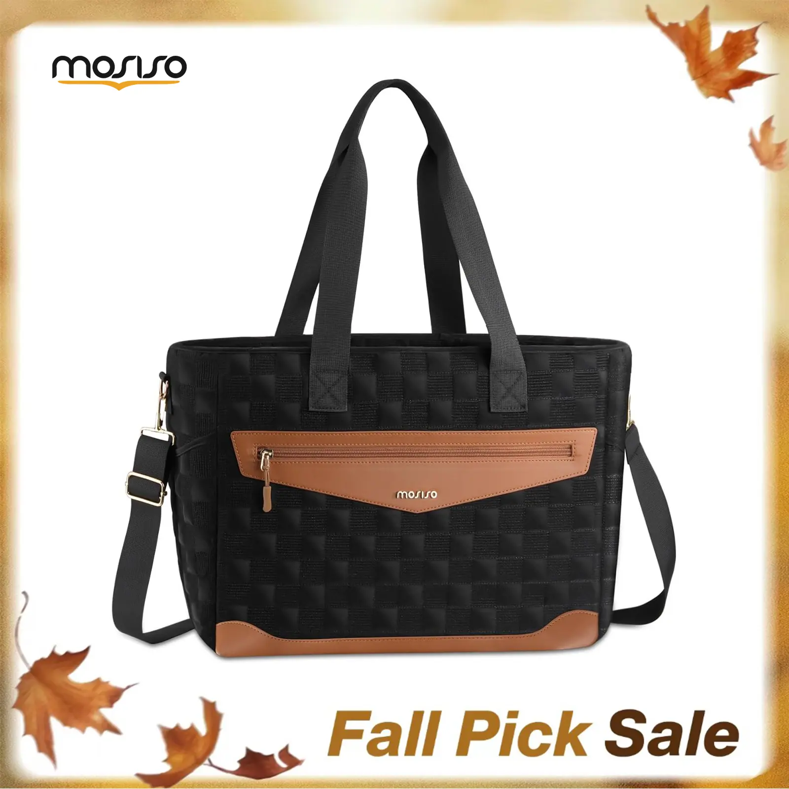 MOSISO Polyester 15.6-Inch Quilted Women's Laptop Tote Bag, Basic Chic 1.39lb Large Capacity Bag with Padded Comp, Hook Loop Closure, Adjustable Strap for Teachers, Office Travel Handbag (Black)