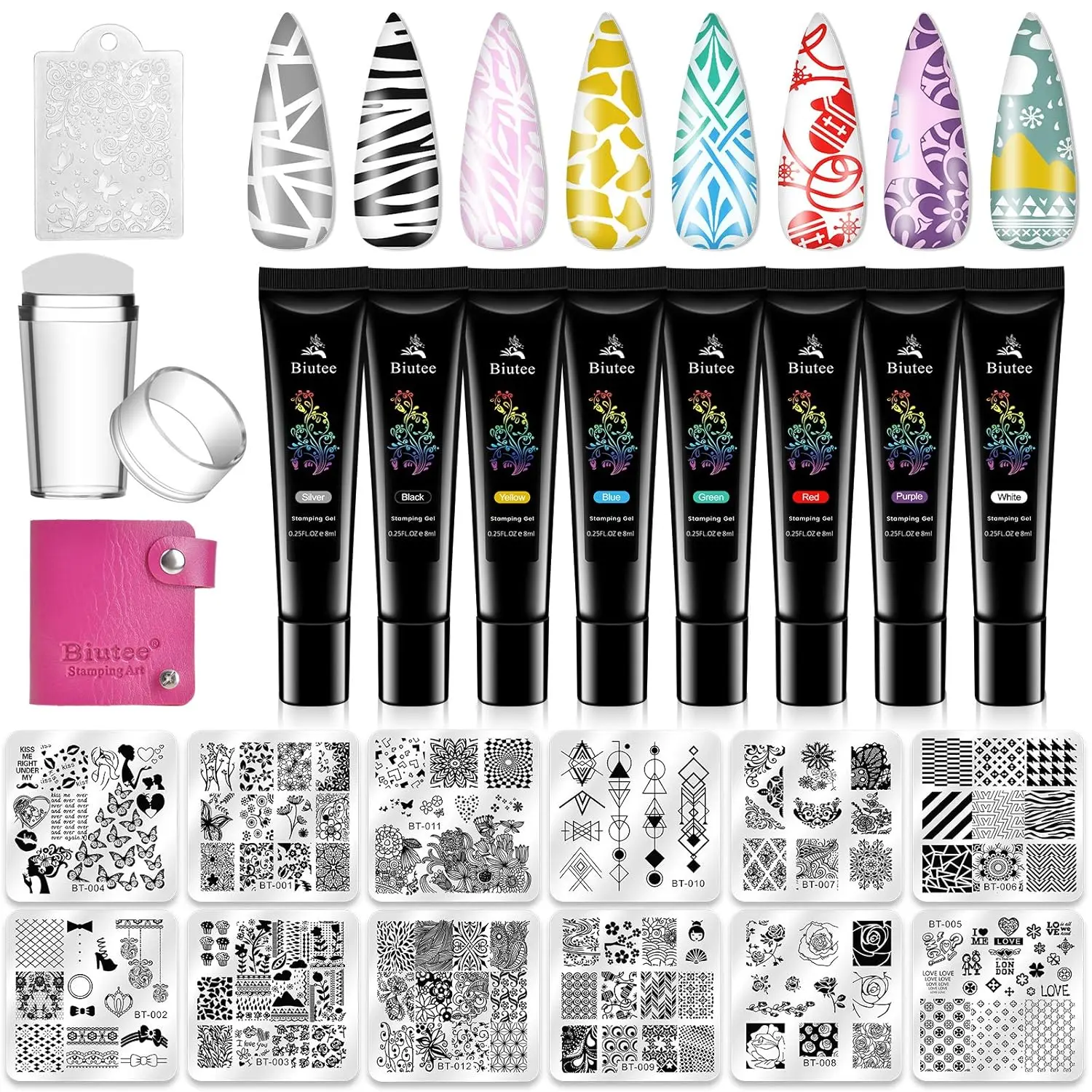 Biutee Nail Stamping Plates 12counts Nail Stamping Polish Gel 8counts Nail Stamper Set 1 Double Head Stampers with Scrapers Storage Bag Leaves Flowers Animal Template Image Plate