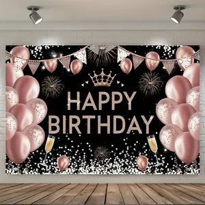 Birthday Backdrop Banner with Fireworks Champagne Sequins Flag Patterns, Perfect for Celebrations Family Gatherings Studio Shooting Anniversaries Cake Table Decor, Party Decoration Supplies