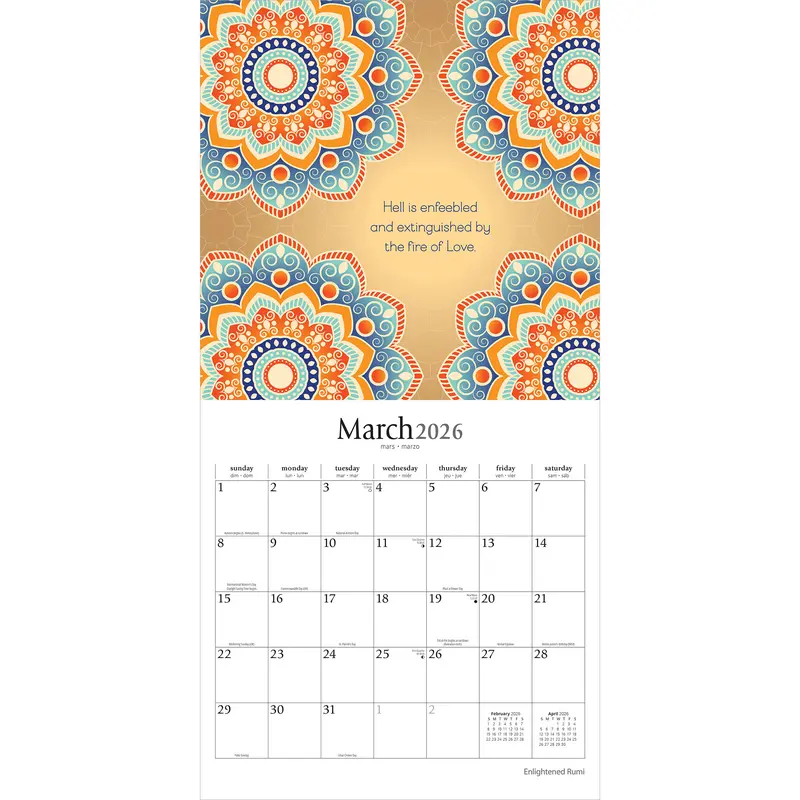 Enlightened Rumi | 2026 12 x 24 Inch (Hanging) Monthly Square Wall Calendar | Plastic-Free | Brush Dance | Traditional Art Poetry 2