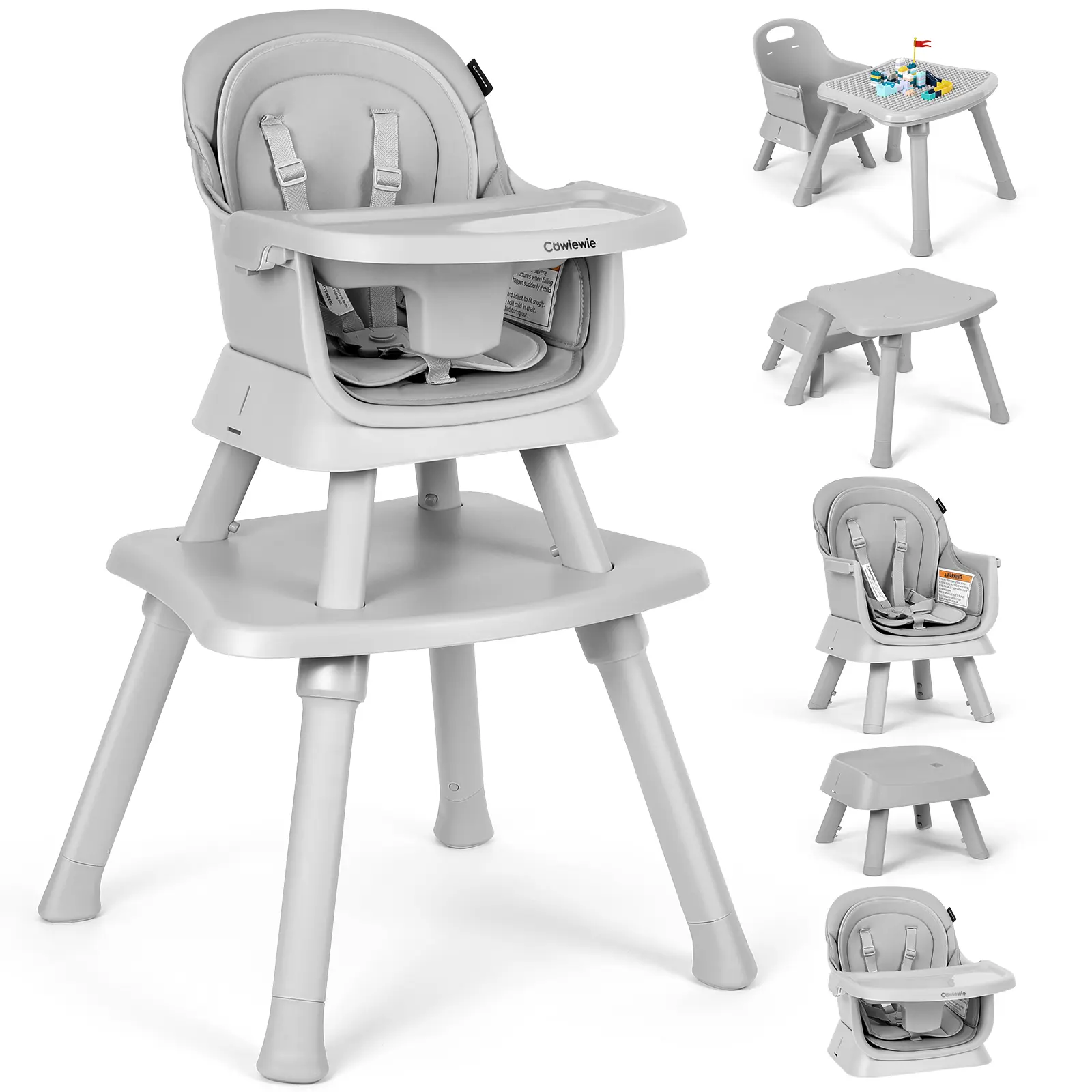 Cowiewie 8 in 1 Baby High Chair for Babies & Toddlers Table and Chair Set Building Block Table Highchair with Safety Harness, Removable Tray(Wavy)