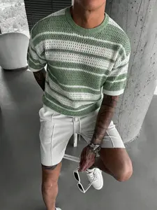 Men's Casual Loose Fit Short Sleeve Round Neck Knit Pullover, Striped Colorblock Pattern, Comfortable Lightweight Fabric, Summer Outdoor Wear