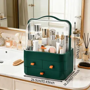 Cosmetics storage box (ivory white/cherry blossom powder/dark green): transparent dust cover, smooth drawer, visible design, space saving, ideal for cosmetic finishing and home decoration products