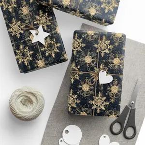 Black and Gold Snowflake Christmas Wrapping Paper Rolls, Elegant Holiday Gift Wrap, Vintage Damask Snowflake Gift Wrap