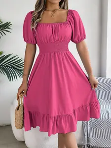 Women's Casual Square Neck Short Sleeve High Waist Ruffle Summer Dress,2026 Valentine's Day Fashion Solid Color Fitted Basic Birthday Dress & Party Dress,Elegant Vacation Dresses for Women