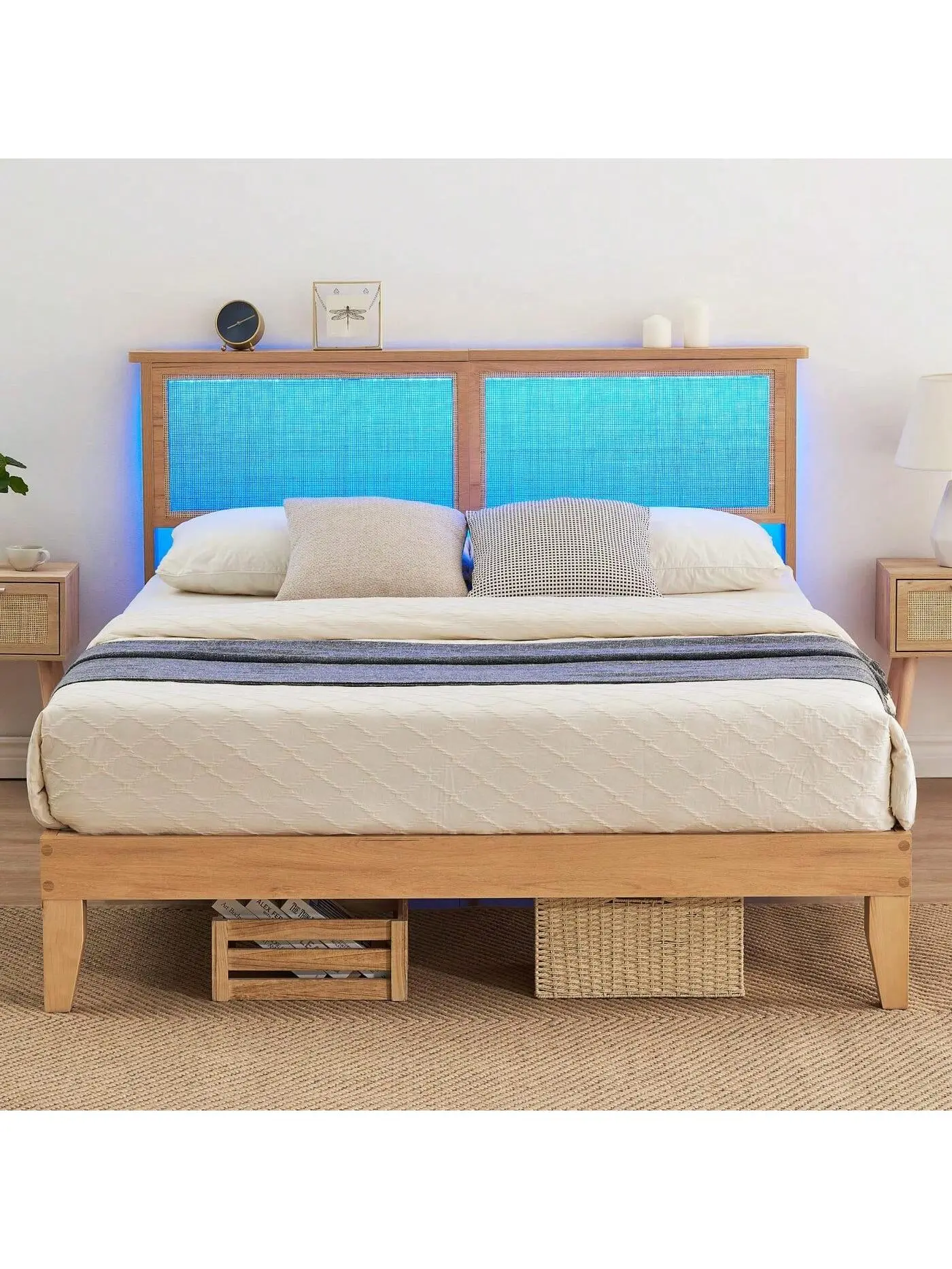 【Christmas Gift】Full/Queen Size Platform Bed Frame with Multifunctional Natural Rattan Curved Headboard, LED Lights, Wooden Support Legs, No Box Spring Needed, Easy Assembly, Multifunctional Headboard