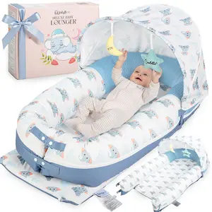 JollyBoo® Deluxe Infant Lounger Pillow - Baby Lounger 0-24 Months | Bamboo-Cotton Portable Baby Nest with Foldable Sunshade & 2 Plush Toys | Soft, Breathable Mesh for Cool, Safe Rest