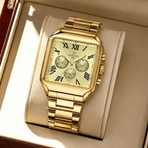 Square men’s quartz wristwatch with Roman numeral dial, three sub-dials, stainless steel strap, calendar window, water-resistant luminous design — Business Quartz Watch - 812265