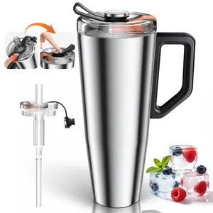 30oz Insulated Travel Tumbler with Handle and Straw Spill Resistant Car Cup Fits Cup Holder 316L Stainless Steel Water Bottle for Gym Sports and Travel