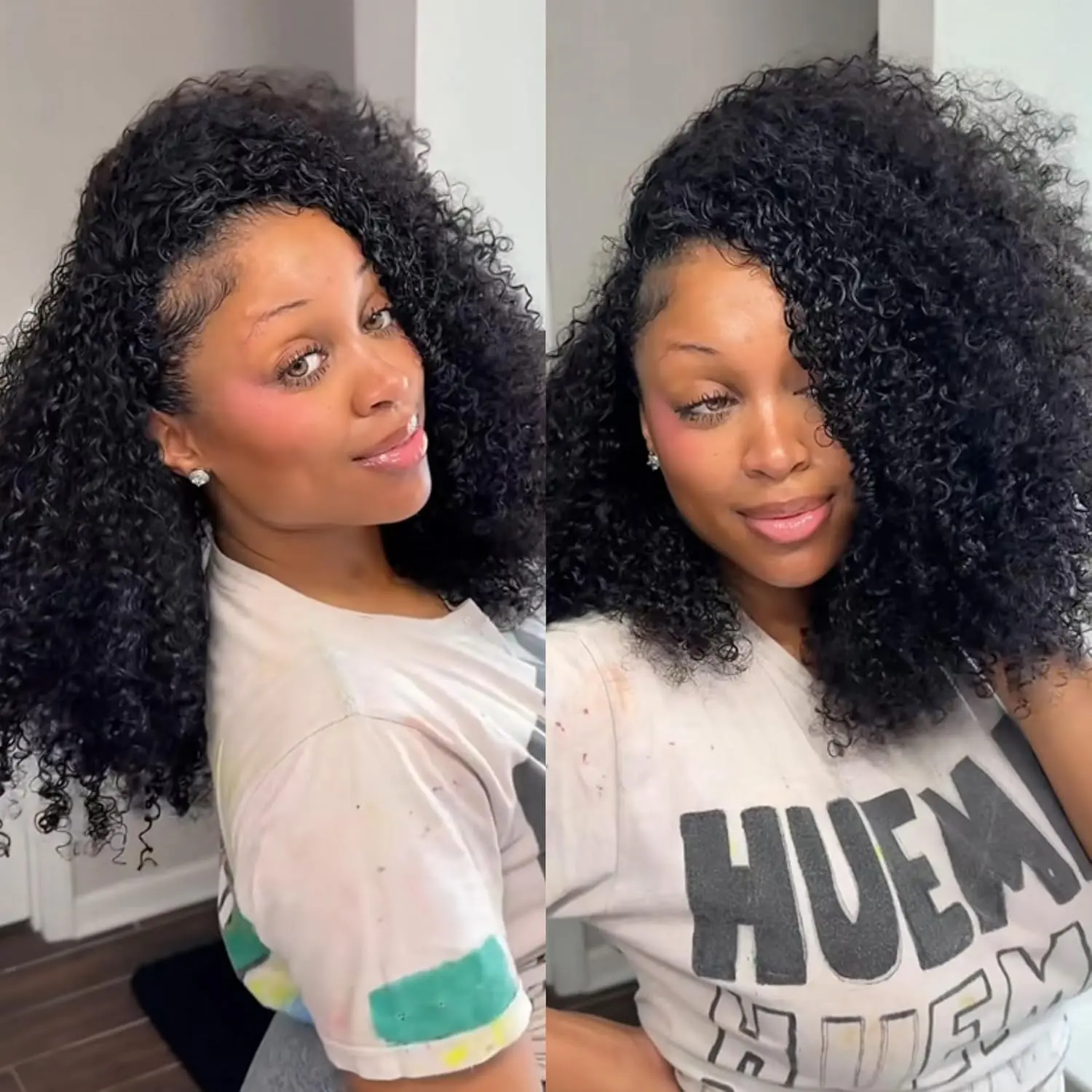 Kinky Curly Half Wig Human Hair 200% Density 18 Inch 3 In 1 Seamless Flip Over Drawstring Ponytail Headband Wig Human Hair Glueless Wear and Go  Human Hair Burmese Kinky Curly Half Wigs
