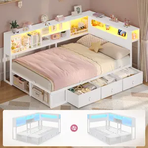 ADORNEVE Twin Corner Daybed Frame with Bookcase Storage, LED Light Headboard, Charging Station, Metal Construction, 3 Drawers & 2 Open Cubbies for Small Bedrooms, Bed Frame