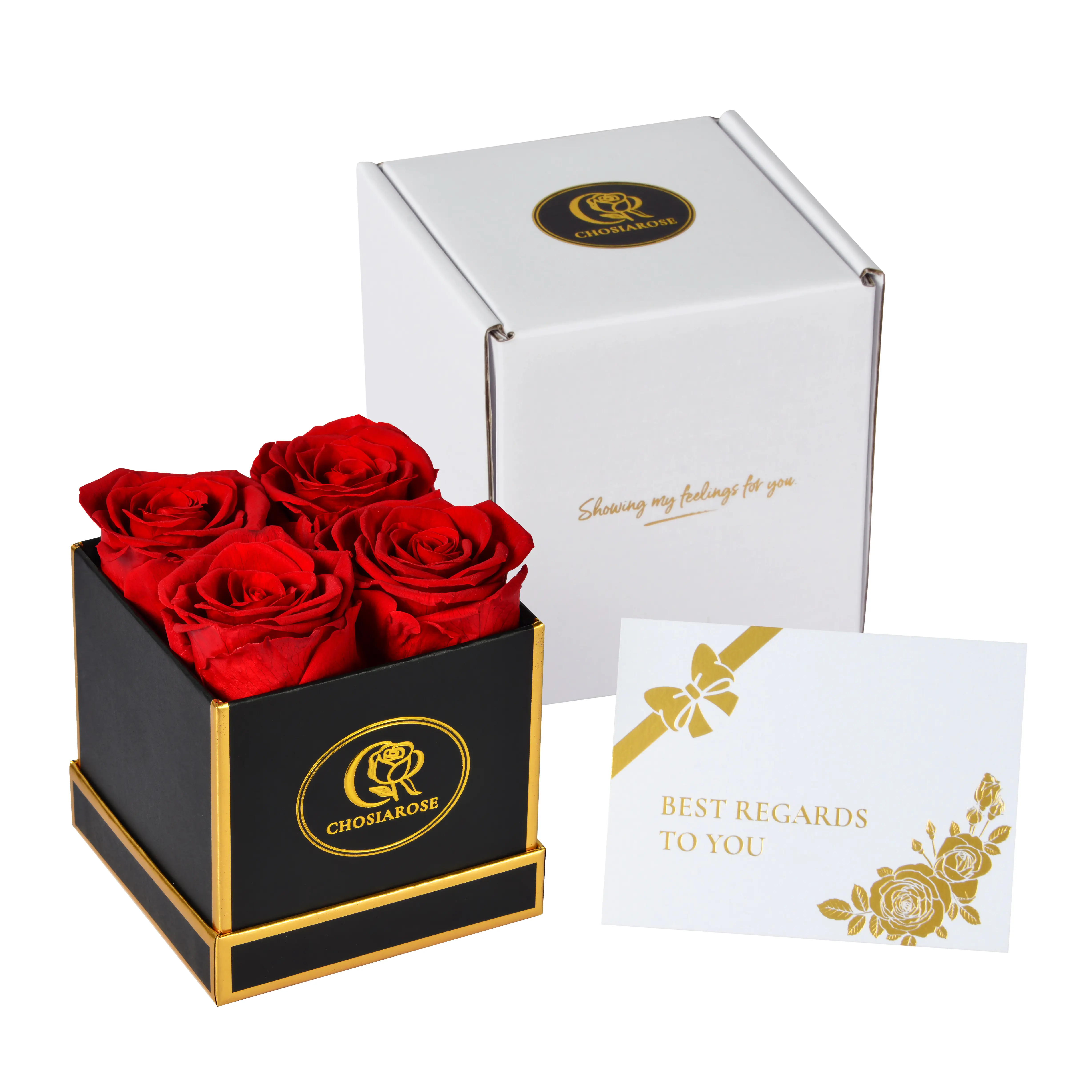 Mother's Day 4-Piece Preserved Roses in a Box, Preserved Flowers, Rose Forever in a Box for Wife or Her, Lasting Real Flower Gift, Elegant Luxury Floral Home Decor, Red