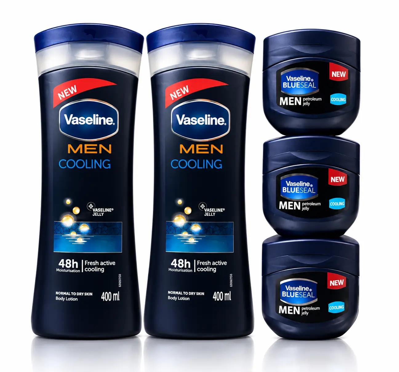 Vaseline Men Cooling 2 Pack 400mL Body Lotion & 3 Cooling Petroleum Jelly 100mL