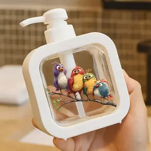 Creative Bathroom Dispenser with Hand Pump - Four Colorful Cartoon Birds Fluffy Feathers on Branch, Friendly Lively Expression, Large Eyes, Green Leaves Background, Purple Red Greenish-Yellow Blue Birds Design for Soap Lotion