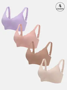 4 Piece Set High-Quality Seamless Soft Wirefree Jelly Women's Bras, Comfortable and Skin-Friendly, Light and Supportive, Adjustable Straps with Lining, Wireless, Padded with Hook Closure, Slim Fit with Beautiful Back, Yoga and Sports Bra
