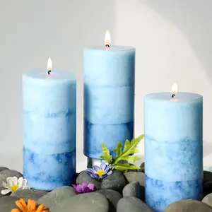 Lilac Scented Pillar Candles - 3 Pack Blue Layered 3x6 Inch Long-Lasting Clean  Decorative Candle for  Decor and Bathroom Decorations
