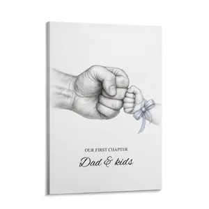 First Father's Day Gift - Custom Dad & Kids Hand Drawing Canvas Wall Art, Heartwarming Fist Bump Poster for New Dad, Meaningful Fatherhood Home Decor Framed or Unframe