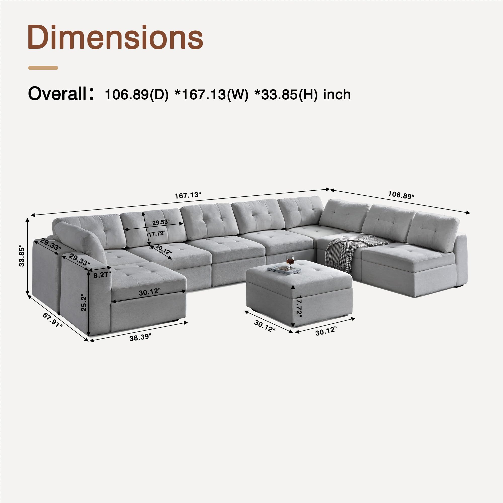 Giratree Oversize Modular Sectional Couch, Convertible U Shaped Sofa with Storage, 9 Seater Sofa Modular with Ottomans and Reversible Chaise for Living Room, Office