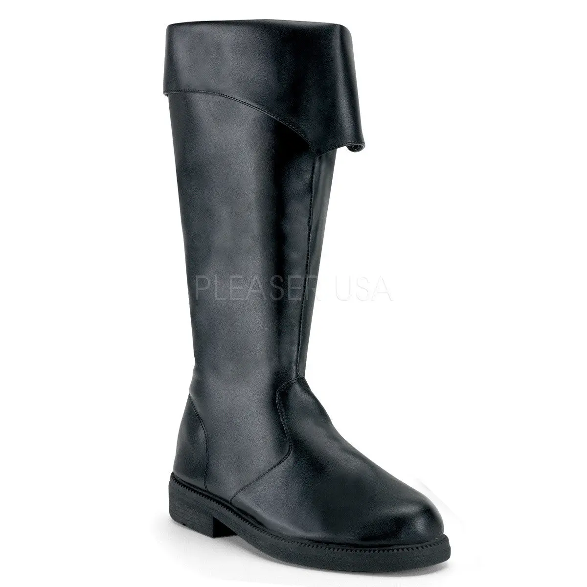 Men's Black PU Leather Captain Pirate Knee-High Boots - Closed-Toe, Fold-Over Cuff, 1" Heel Costume Footwear, 1 In, L (Mns 12-13), Shoe, No, Low Heel (1-3 Cm)