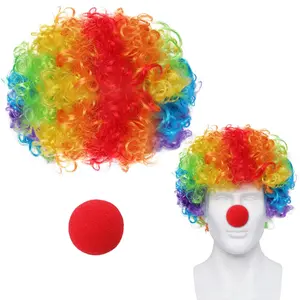 Clown Costume Set Rainbow Wig Hat Nose for Women Men Adults Halloween Party Pretend Game, Unisex Clown Fun Wigs Curly Wigs