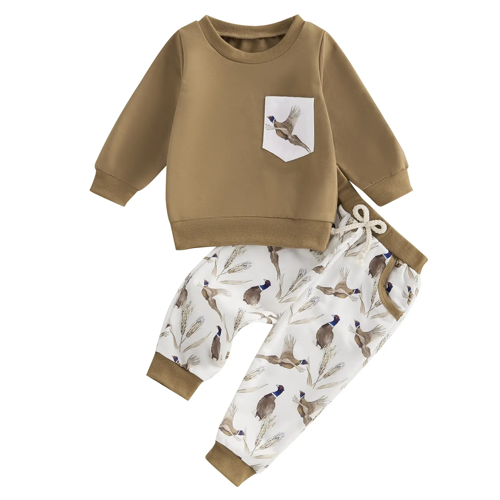 Toddler Baby Boy Hunting Outfit Mallard Duck Pocket Long Sleeve Sweatshirt Pullover Tops Duck Print Pants Set 2Pcs Fall Winter Clothes