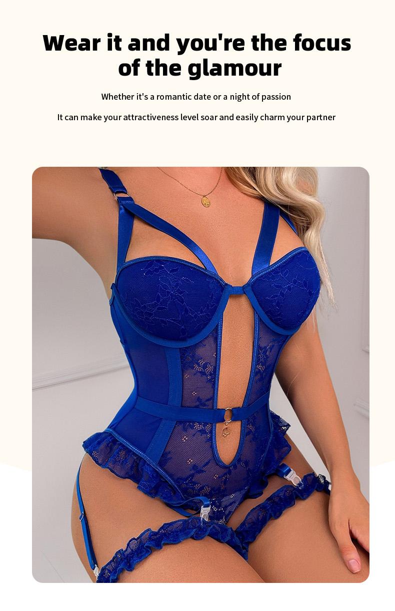 Women's French Retro Sheer Lace Lingerie Set - 3-D Cut Patchwork Jumpsuit, Bustier, Garterbelt, Flirty Teddy Bodysuit, Lady Clothes, Sleepwear, Soft on Skin Fabric, Elegant Fit, Floral Fashion, Hand Wash, Comfy Wear, Halloween Gift