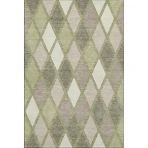 HomeRoots 670443 5x8 ft. Artichoke Green Taupe & Ivory Geometric Washable Machine-Made Rectangle Taupe Area Rug with UV Protection, Taupe Area Rugs
