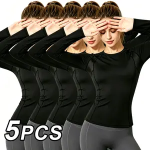 HAMTOLU 5 Pack Women's Long Sleeve Compression Shirts, Underarm Breathable, Quick Dry Workout Tops for Women, Breathable Athletic Gym Yoga Running Shirts, Moisture Wicking Sports Base Layer