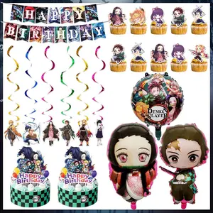 Kimetsu No Yaiba Cake Toppers Demon Slayer Theme Cake Decor For Baby Shower Kids Boys Birthday Party Cake Flag Decorations