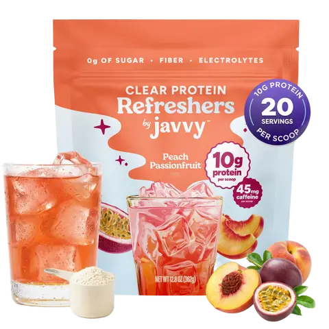 Peach Passionfruit Refresher Premium Clear Whey Protein Drink - Protein with Electrolytes, Fiber, 45mg Caffeine, 0g Sugar, 100% Natural Flavors, 0 Artificial Colors & Sweeteners, 20 Servings