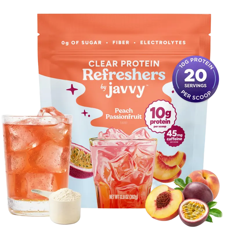 Peach Passionfruit Refresher Premium Clear Whey Protein Drink - Protein with Electrolytes, Fiber, 45mg Caffeine, 0g Sugar, 100% Natural Flavors, 0 Artificial Colors & Sweeteners, 20 Servings